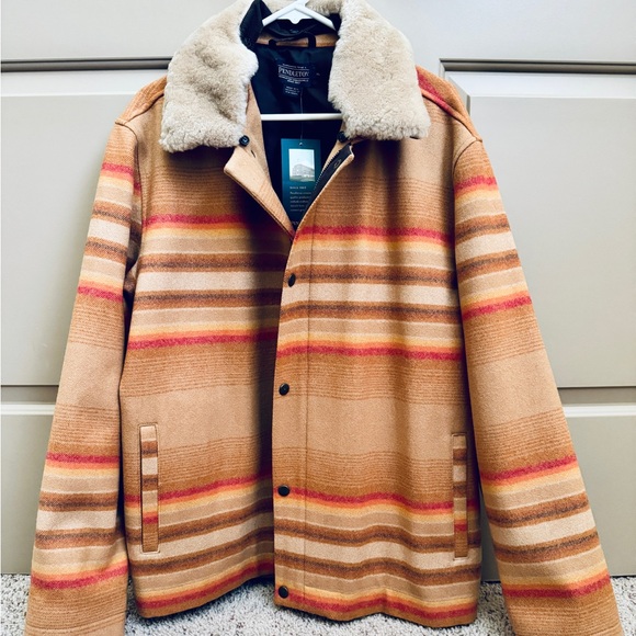 New Mens Pendleton Silverton Shearling Wool Coat Jacket Ralston Stripe XL Sunset - Picture 1 of 7